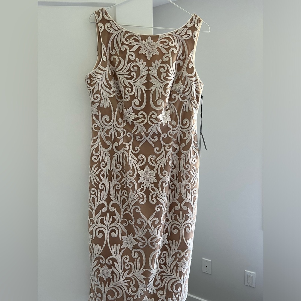 Adrianna Papell Tan and White Lace Dress